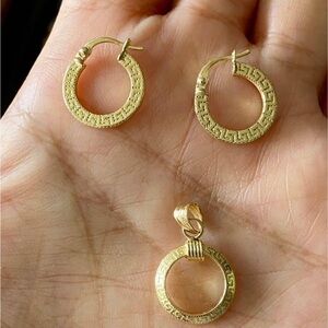18K real solid gold earrings and pendant